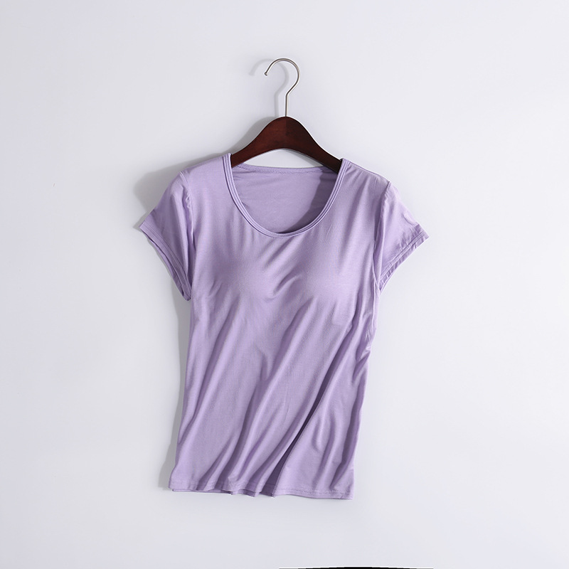 Picture of Modal T-shirt Women's Spring and Autumn Solid Color Short-sleeved Bra-free Yoga Bottoming Outer Wearing Cup All-in-one Home Clothes Inner Wearing