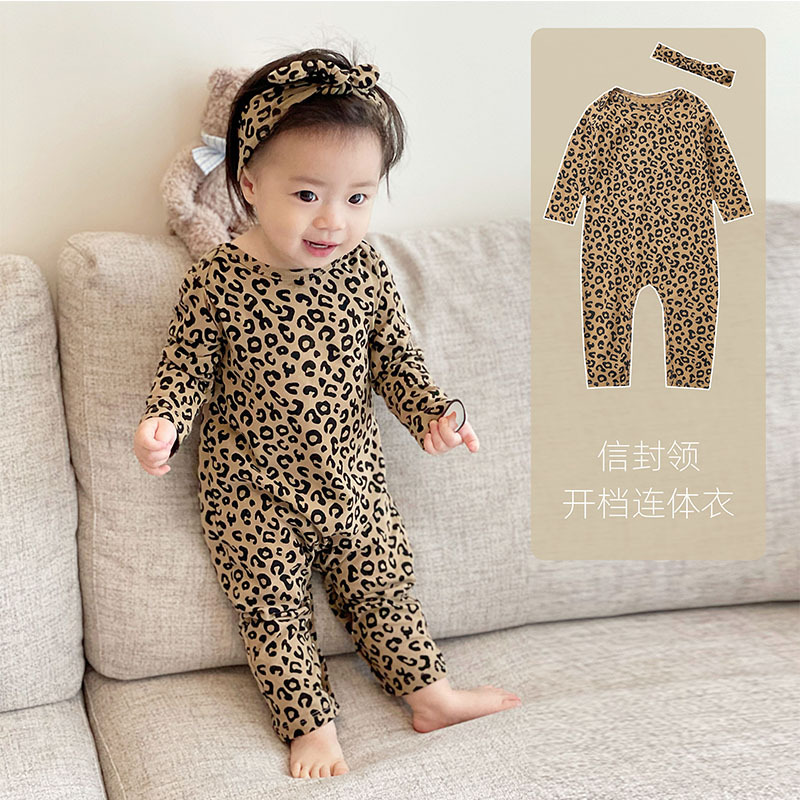 ins Baby Girl's Baby Clothes Western-style Leopard-print jumpsuit Spring and Autumn Going Out Pure Cotton Long-sleeved Open Climbing Suit