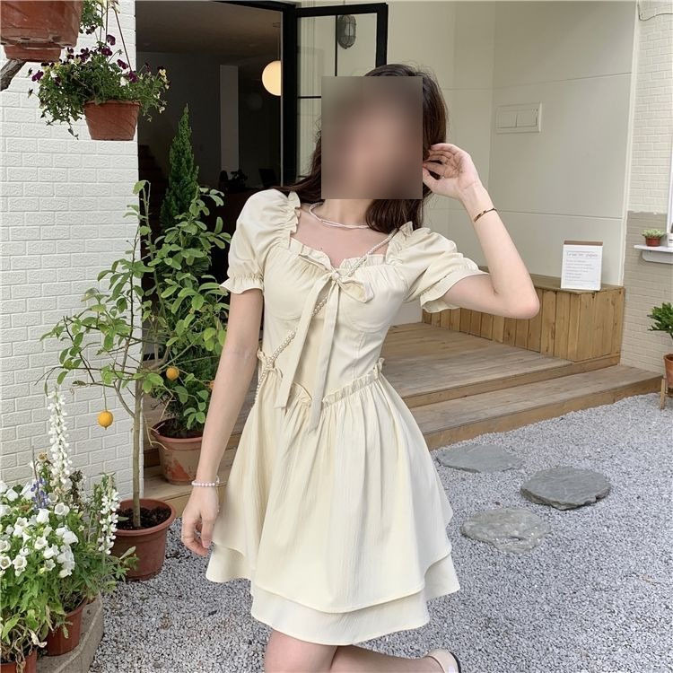 2023 Summer French Sweet Square Collar Fungus Lace Bow Puff Sleeve Dress New Women's Clothing