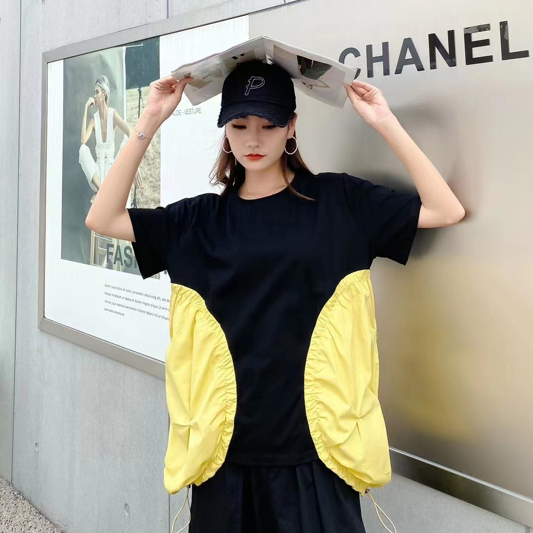 230377 Stylish Color-Block Women's T-Shirt with Unique Design, Ruched Drawstring, Oversized Short Sleeve Top, Trendy and Elegant