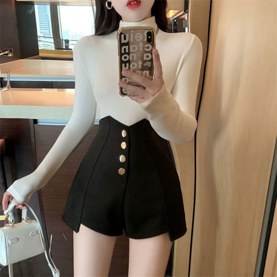 Picture of Black Woolen Wide-Leg Shorts Women's Autumn and Winter Outer Wear Small Slimming All-Match Irregular High Waist A- Shoe Pants