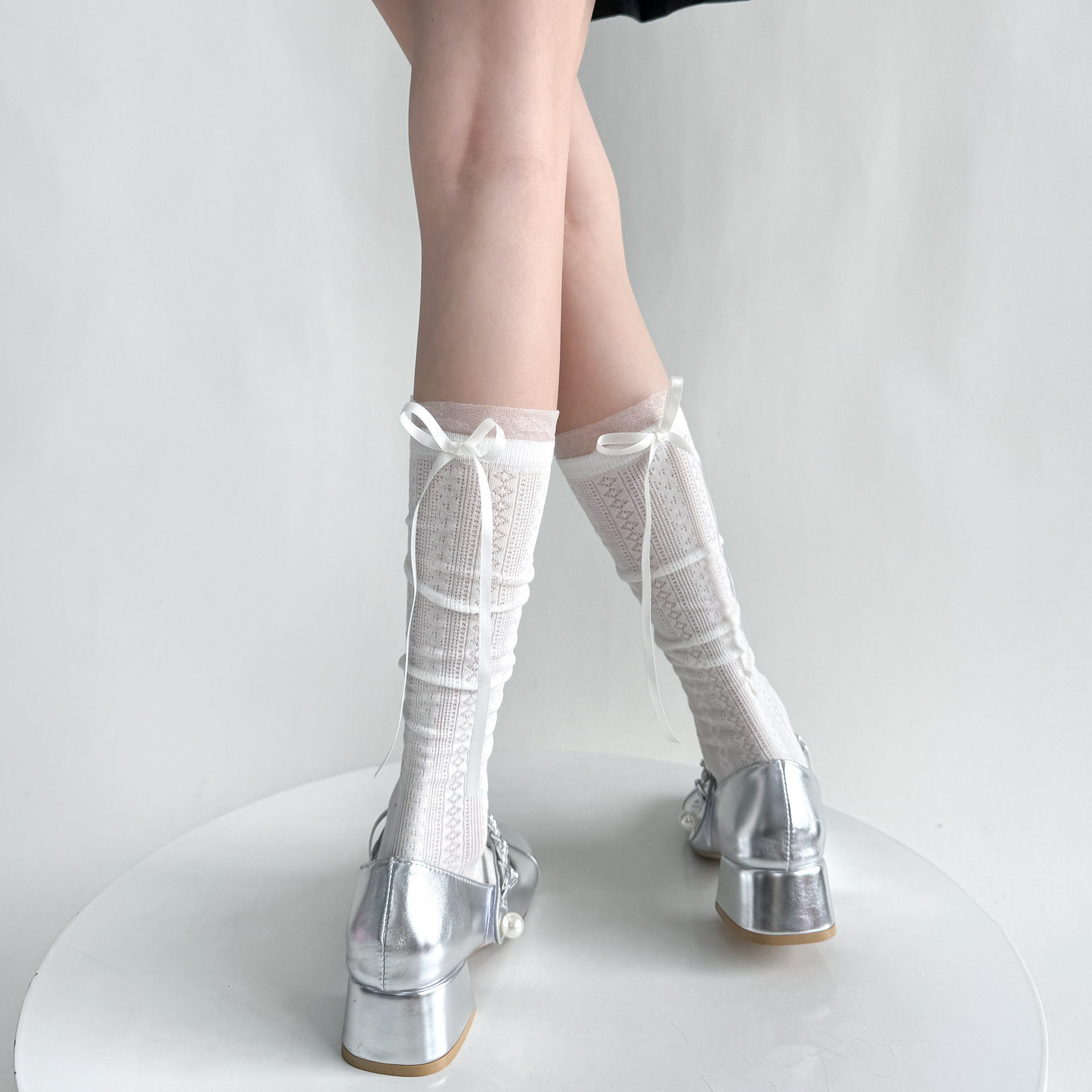 Summer Thin Japanese Hollow Breathable Mesh Heap Stacks Solid Color All-match Heel Ribbon Milk White Mid-calf Socks