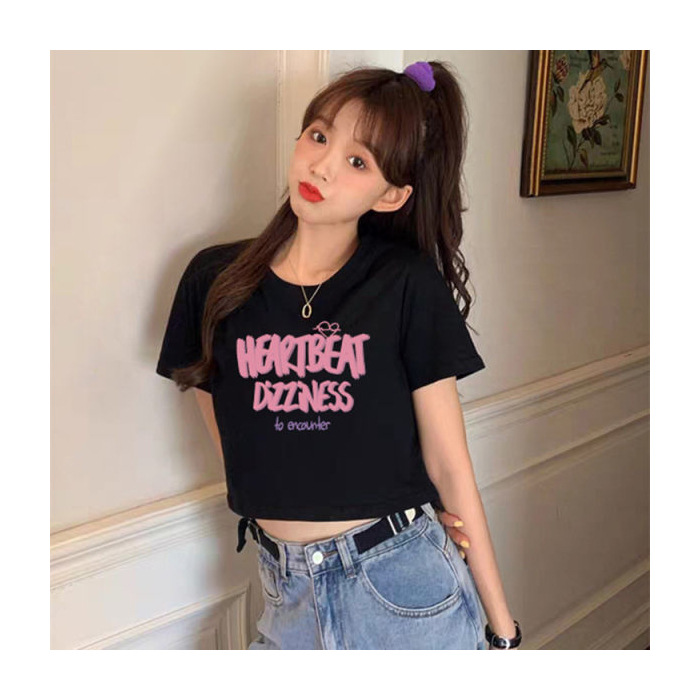 Picture of Short-sleeved T-shirt Women's Black Short Shoulder Summer Top New Sweet and Spicy Style American-style Slim-fit Navel-exposed Niche Students