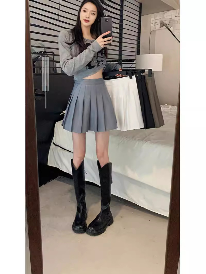 High Waist Slim Black Skirt Women's Summer 2024 New A- line Wrap Skirt College Style Small Pleated Skirt