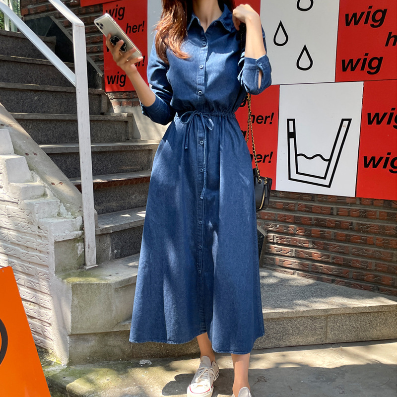 Vintage Elegant South Korea Long-sleeved Denim Dress Loose Lace-up Tencel Denim Shirt Dress Korean-style dress