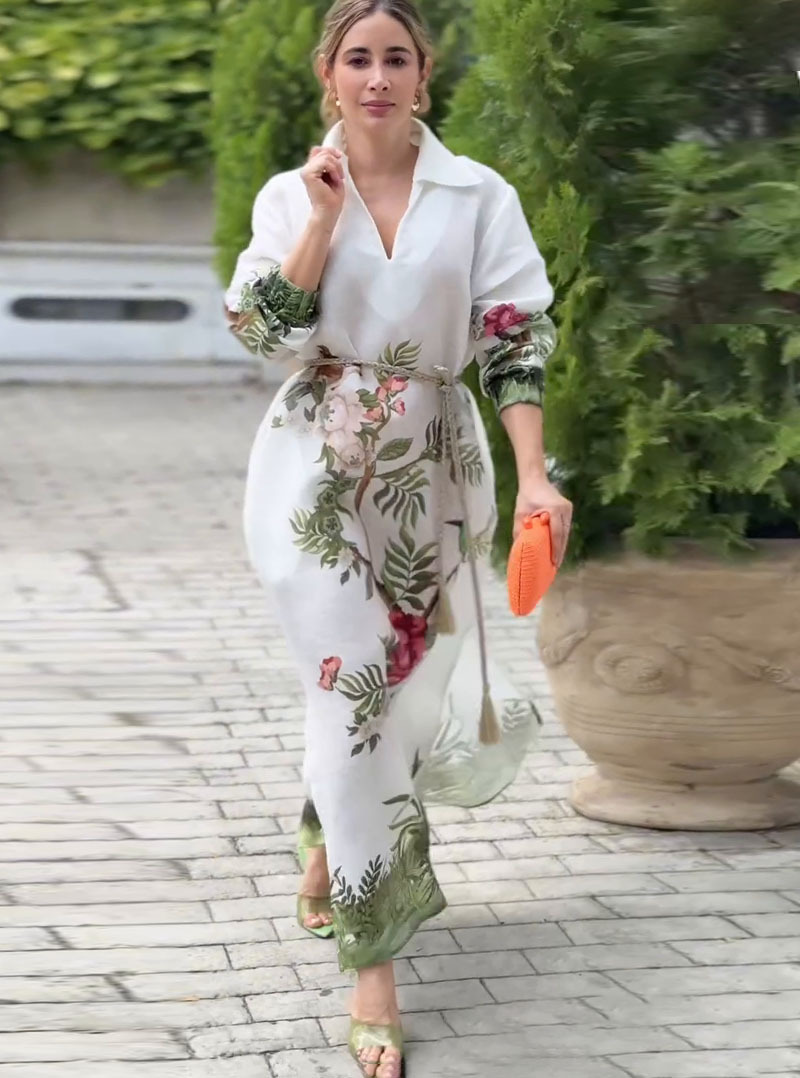 Amazon 2024 European and American autumn new simple personality elegant temperament independent cutting positioning printing dress
