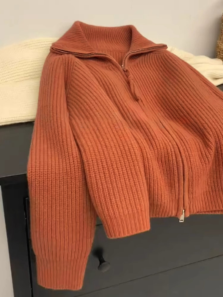 Picture of Soft glutinous lazy double zipper sweater coat women's autumn and winter lapel knitted cardigan loose outer raccoon velvet top