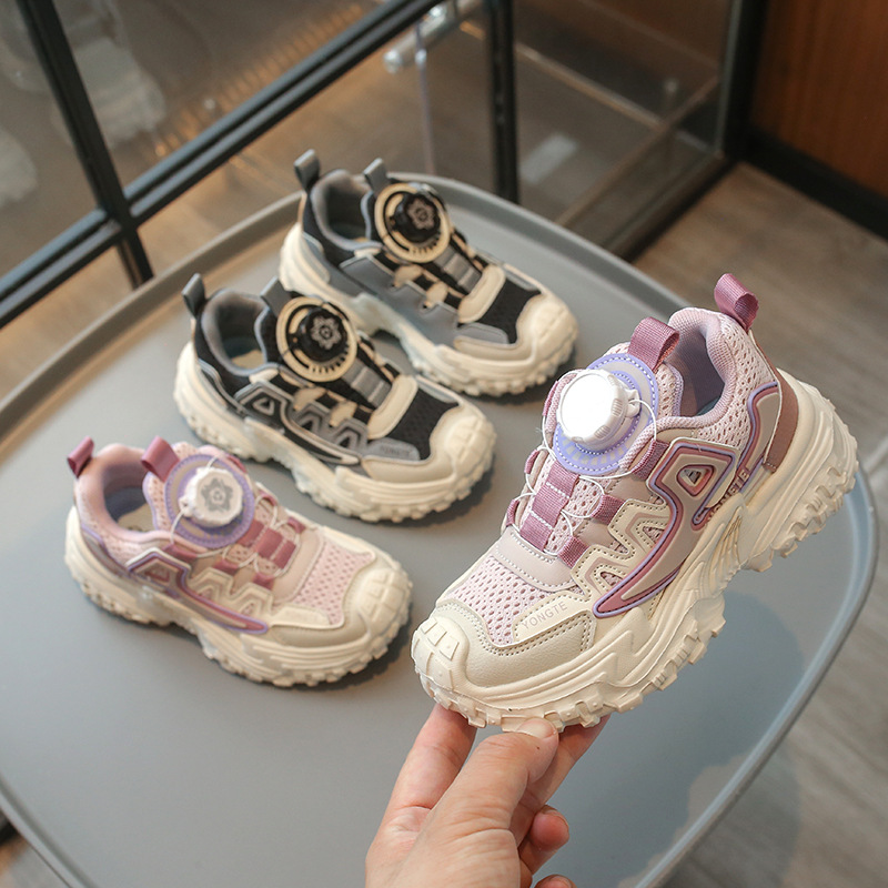 Boys and girls 2024 new breathable mesh sports casual shoes college and student shoes wear-resistant rotating button children's shoes