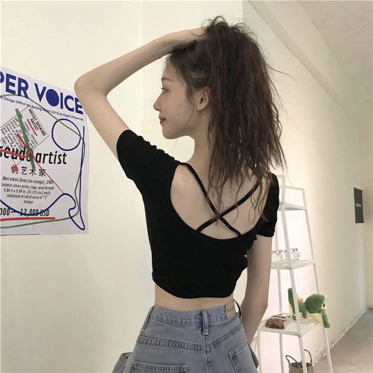 Spring and Summer New Backless Short-Sleeved T-Shirt Women's Casual Korean Women's Slim-Fitting Navel-Baring Short Top Pure Color Bottoming Shirt