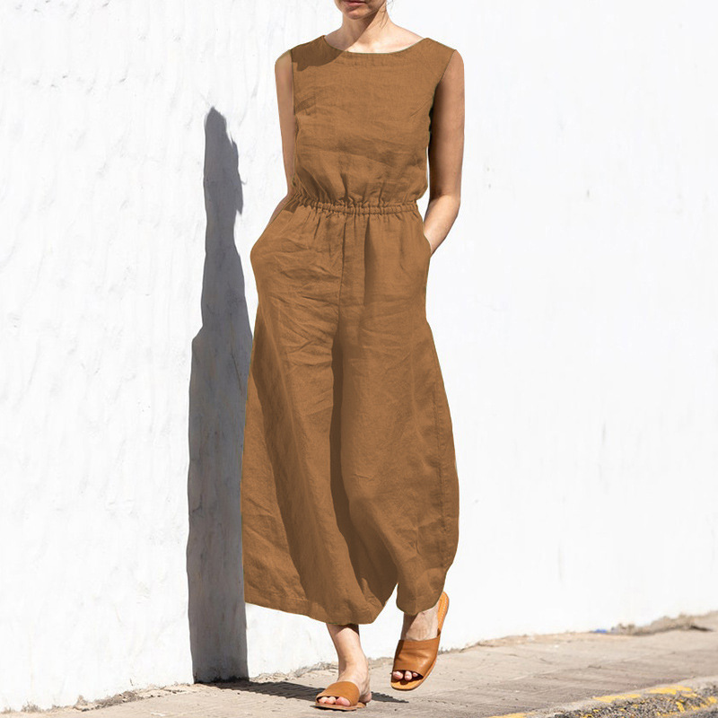 Picture of 2025 Cross-Border European and American Summer Solid Color High-Waisted Sleeveless Long Pants Women's Casual Loose Jumpsuit European and American Style