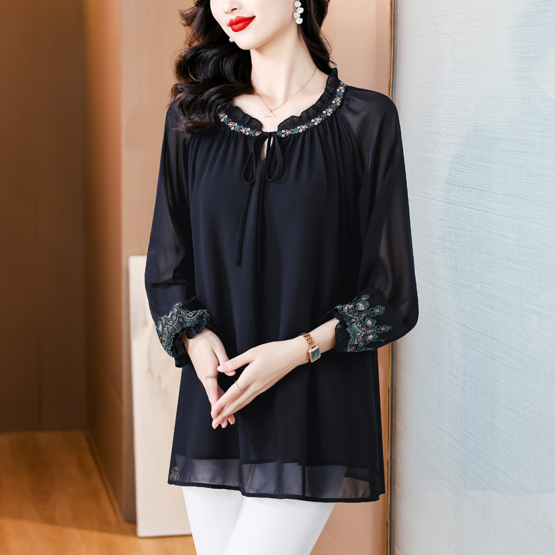 Real shot 2025 spring new plus size simple temperament embroidery lace chic western style loose chiffon shirt
