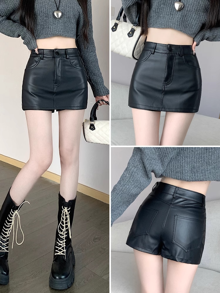 PU Leather Pants Short Pants Women's Autumn and Winter 2024 New Black A- line Hip Bust Skirt High Waist Slimming Boots Pants
