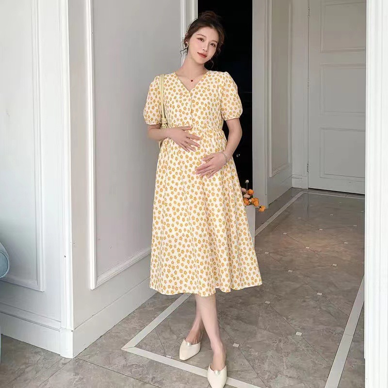 Picture of Maternity Summer Loose Slimming Mid-length dress Fashionable Elegant V-neck Floral Outgoing Summer Breastfeeding Clothes