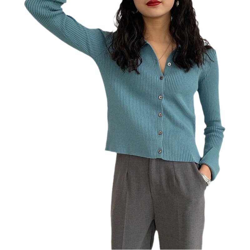 Lapel sweater women's retro solid color autumn thin short POLO collar simple cardigan outer bottoming shirt top
