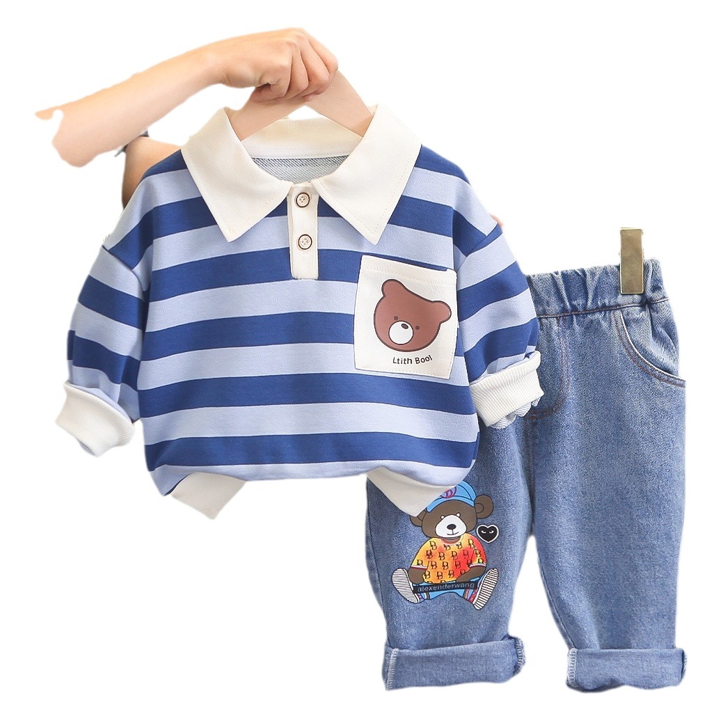 Boys' spring clothing suit 2024 New Baby Children's striped bear head Polo two-piece set baby casual fashionable clothes