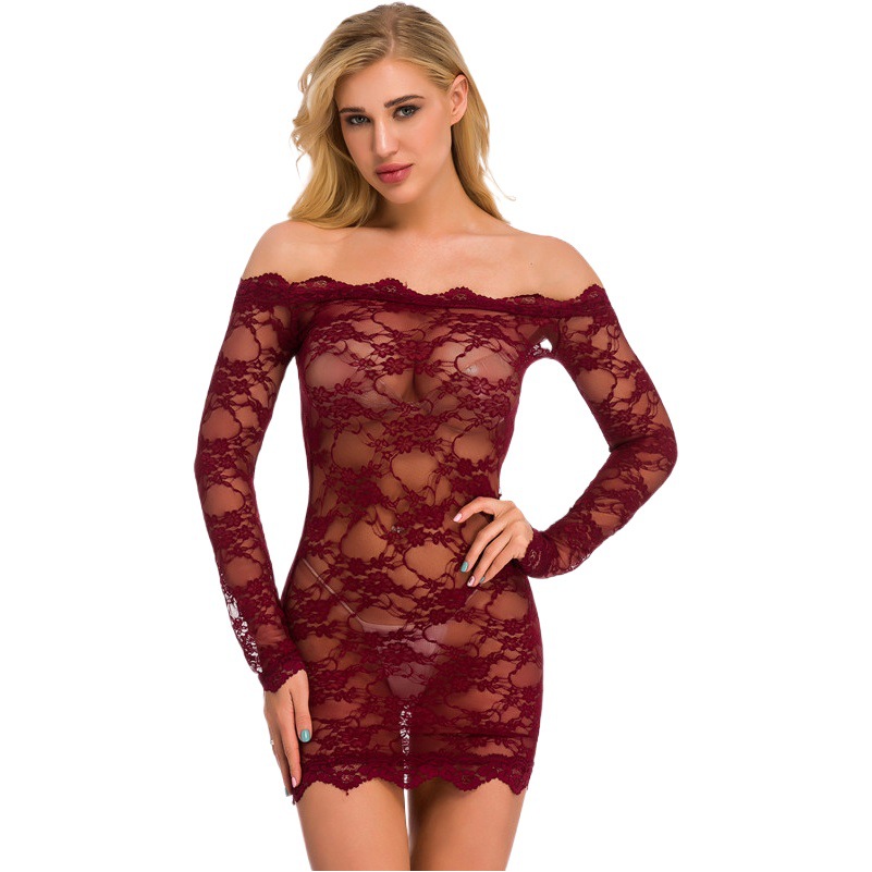 Independent Station Amazon European and American Sexy Lingerie Large Size Lace Pajamas Shoulder Tube Top Long Sleeve Bodysuit
