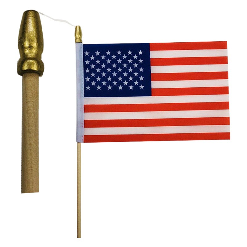 Cross-Border Supply Polyester Printed Wooden Pole American Flag Small Flag 4x6inch Gold Head American Hand Flag Wooden Pole