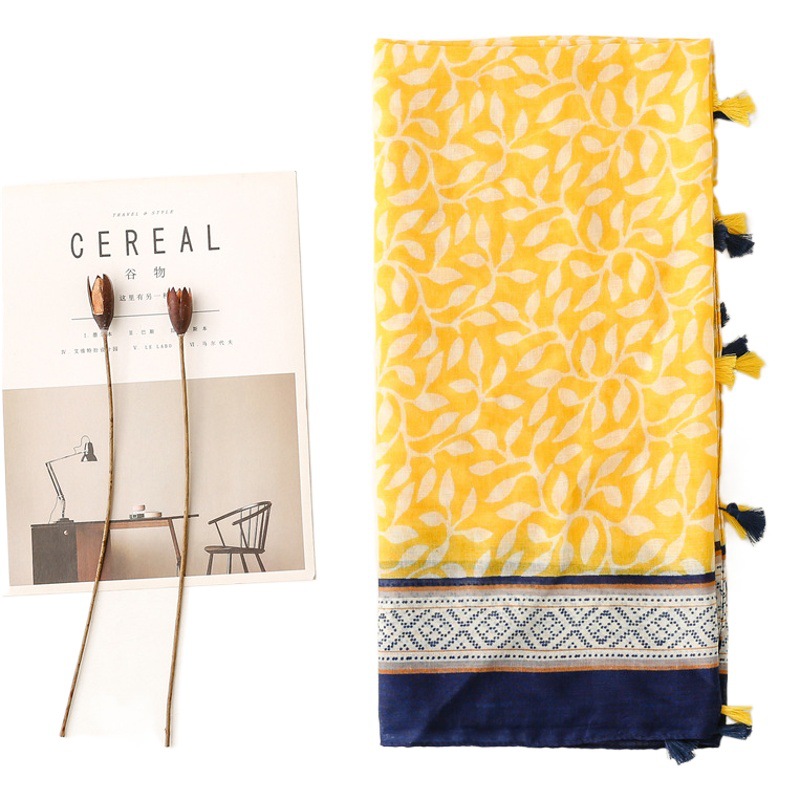 Yitao Scarf Japanese Style Fresh Cotton and Linen Hand Scarf Silk Scarf Bali Yarn Yellow Grape Leaf Travel Shawl Women