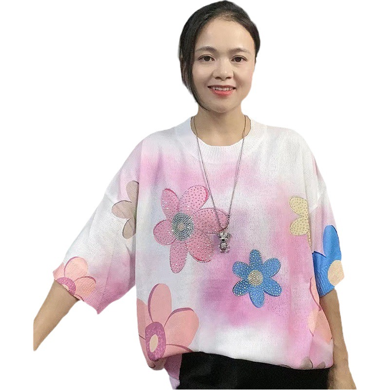 European and American Trendy High-Quality Heavy Floral Rhinestone Short-Sleeve Round-Neck Loose T-Shirt Colorful Stylish Women's Rhinestone Style