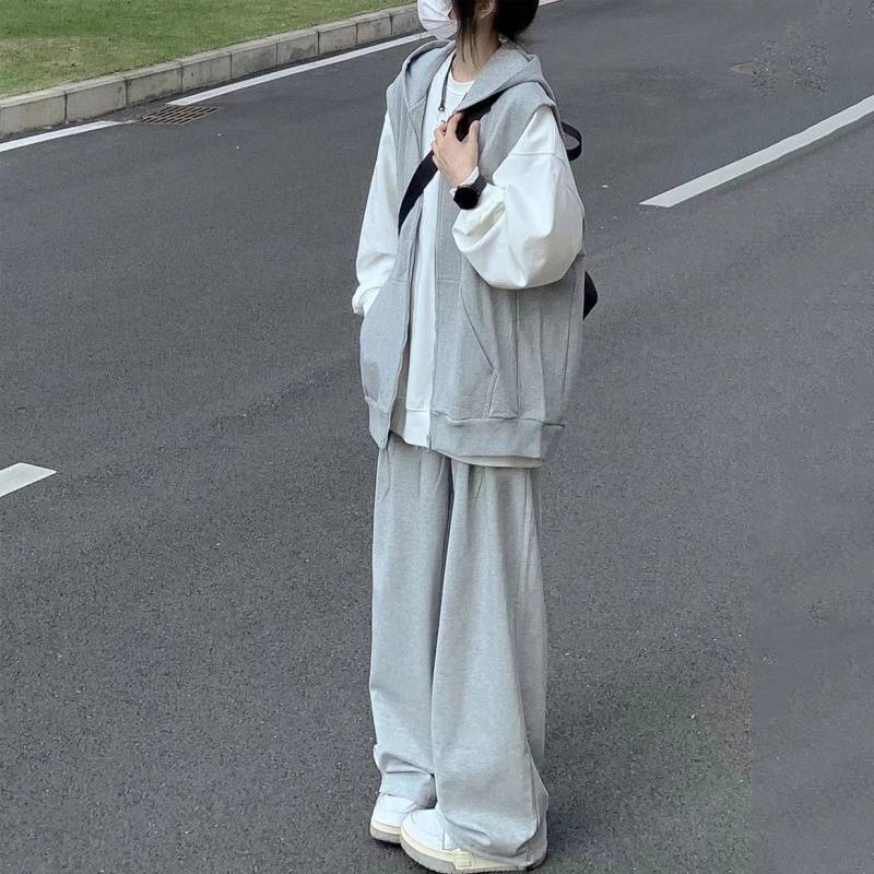 Single/Set Spring and Summer Three-Piece Zipper Vest Jacket Female Student Style Hooded Sweatshirt Loose Wide-Leg Pants