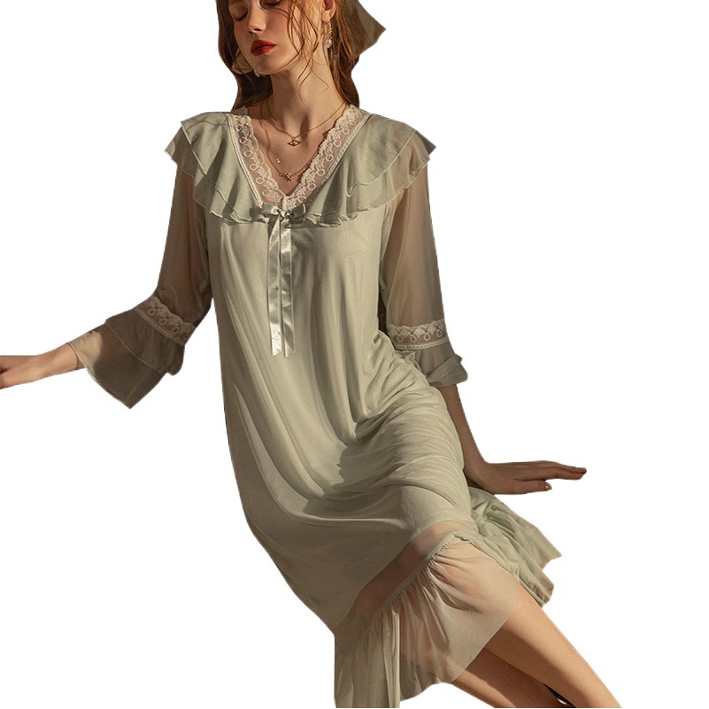 Cross-border French High-end Fairy Sweet Maternity Dress Vintage Mesh Nightdress Loose plus size Home Sexy Pajamas