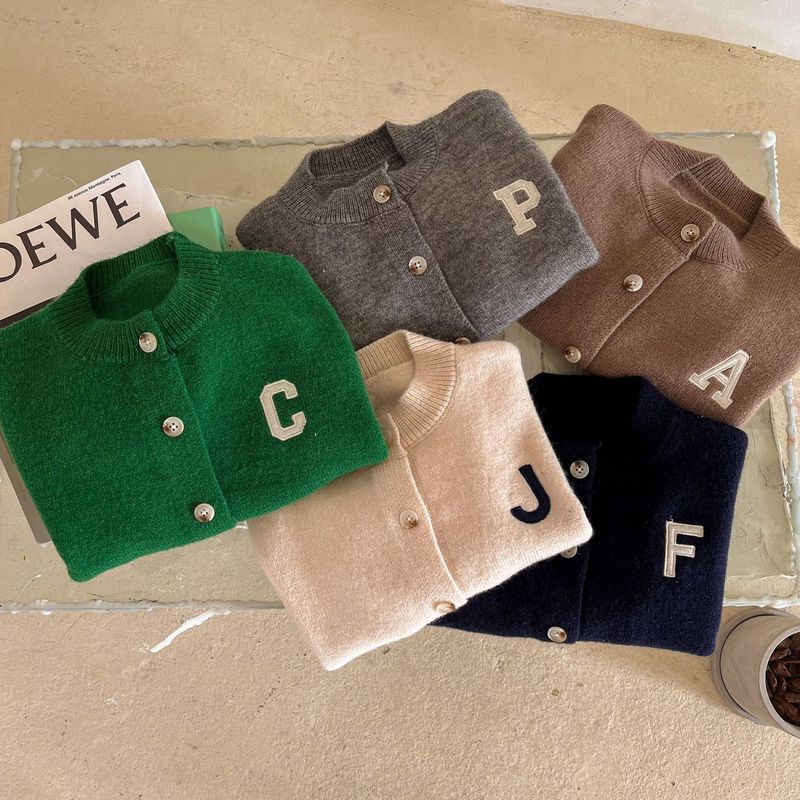 Picture of [in stock] children's sweater cardigan spring and autumn new boys and girls solid color letters cardigan baby sweater