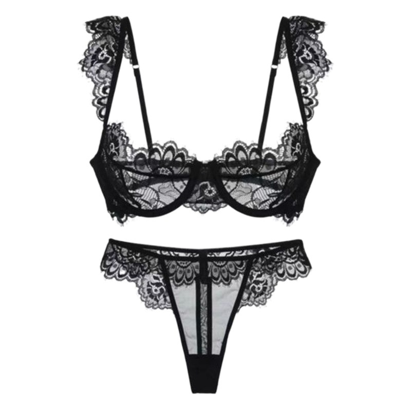Cross-border eyelash lace sexy underwear Women's European and American elegant shoulder decorative bra thin suit INS hot