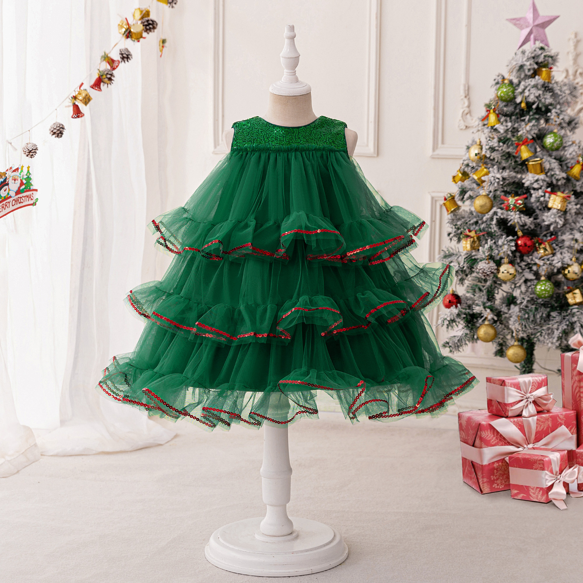 European and American New Christmas Dress, Sleeveless Sequin Dress, Flower Girl Cake Tutu Skirt, Fashionable Holiday Evening Dress
