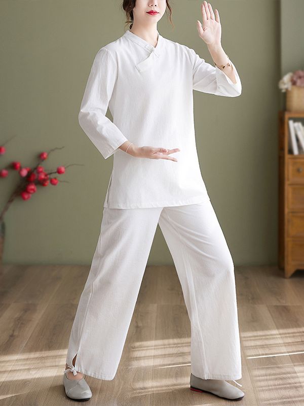New Chinese Style Retro Buckle Slant Placket Loose Casual Cotton and Linen Zen Tea Suit Justices Yoga Taiji Suit for Women