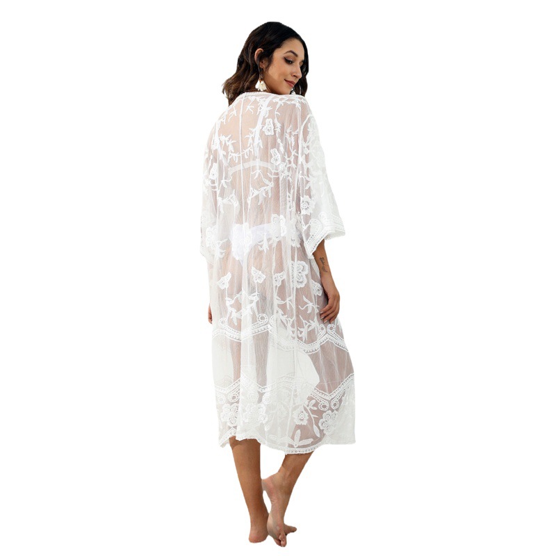 Cross-border New Arrival Women's Seaside Holiday Sun Protection Cardigan Water Soluble Lace Sexy Perspective Strap Beach Blouse 9601
