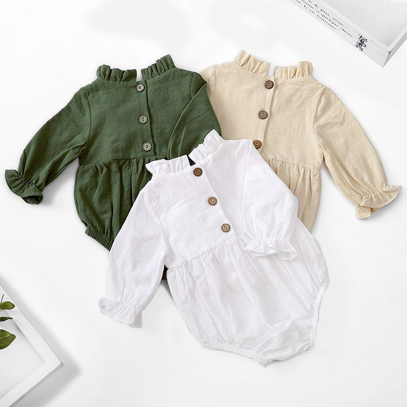 Picture of Cross-border New Long-sleeved Cotton and Linen Newborn Hatshirt Solid Color Flying Sleeve Lace Collar Baby Jumpsuit Children's Hatshirt