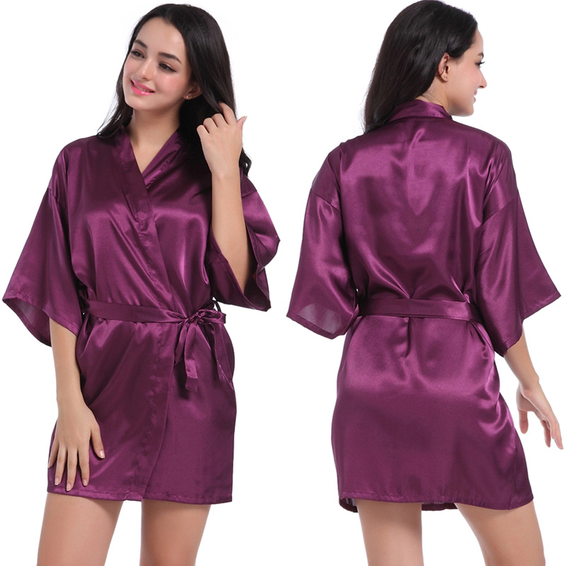 Picture of Amazon Cross-border Women's Twisted Sade Nightgown Bathrobe Solid Color Glow Summer Thin Sexy Short Cardigan Gown