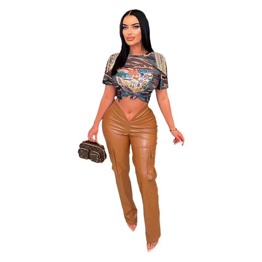 Cross-border foreign trade European and American women's clothing New tight sheath low waist personality straight trousers pocket PU leather pants in stock