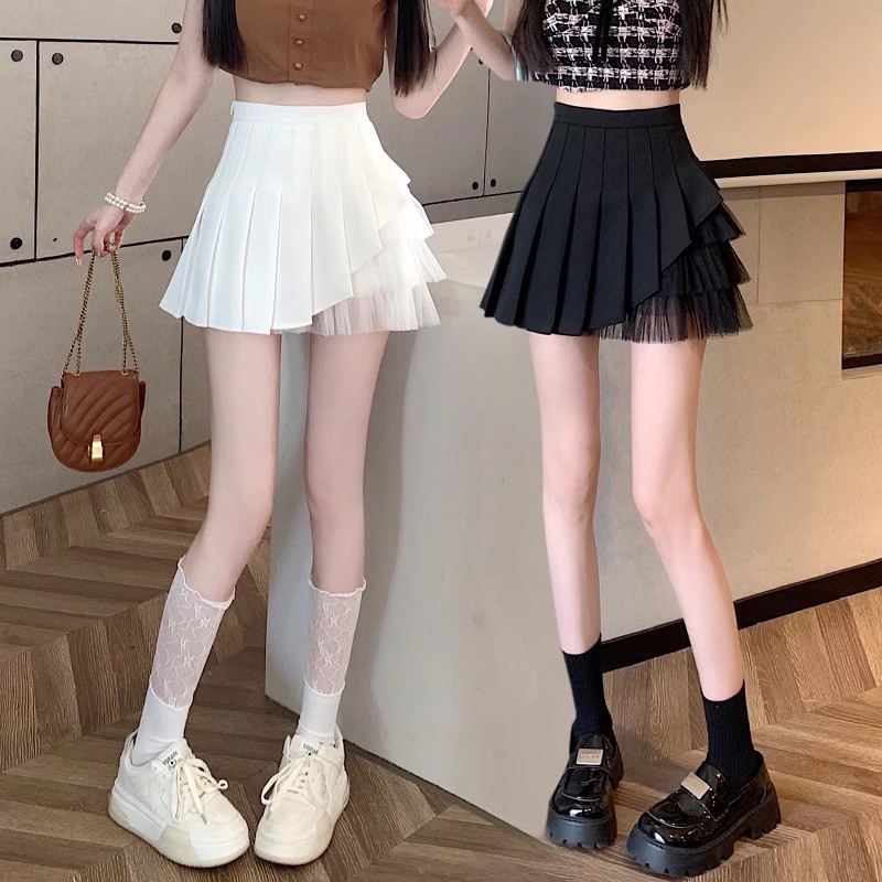 2024 New Black Mesh Pleated Skirt High Waist A- Line Slimming Stitching Skirt Women's Summer Short Skirt