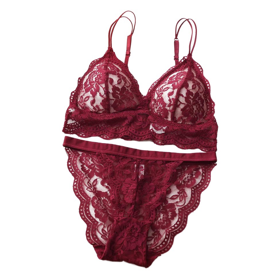 French Triangle Cup Bra Set, Feminine and Beautiful Back, Cut Out Lace, Wire-Free Intimates, Two-Piece Set