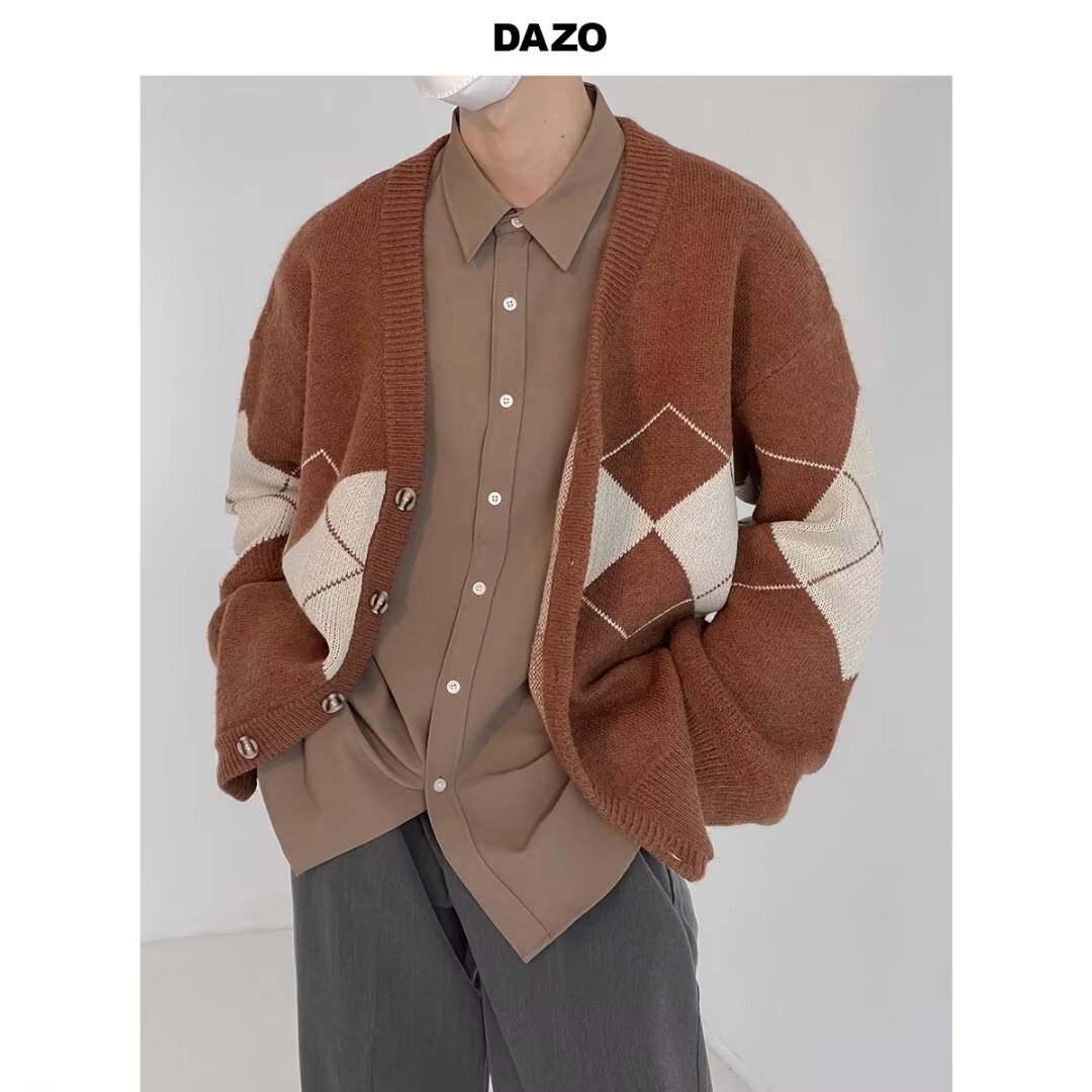 2024 Spring and Autumn American Retro Academy Style Diamond Plaid Knitted Cardigan Sweater Jacket for Men and Women