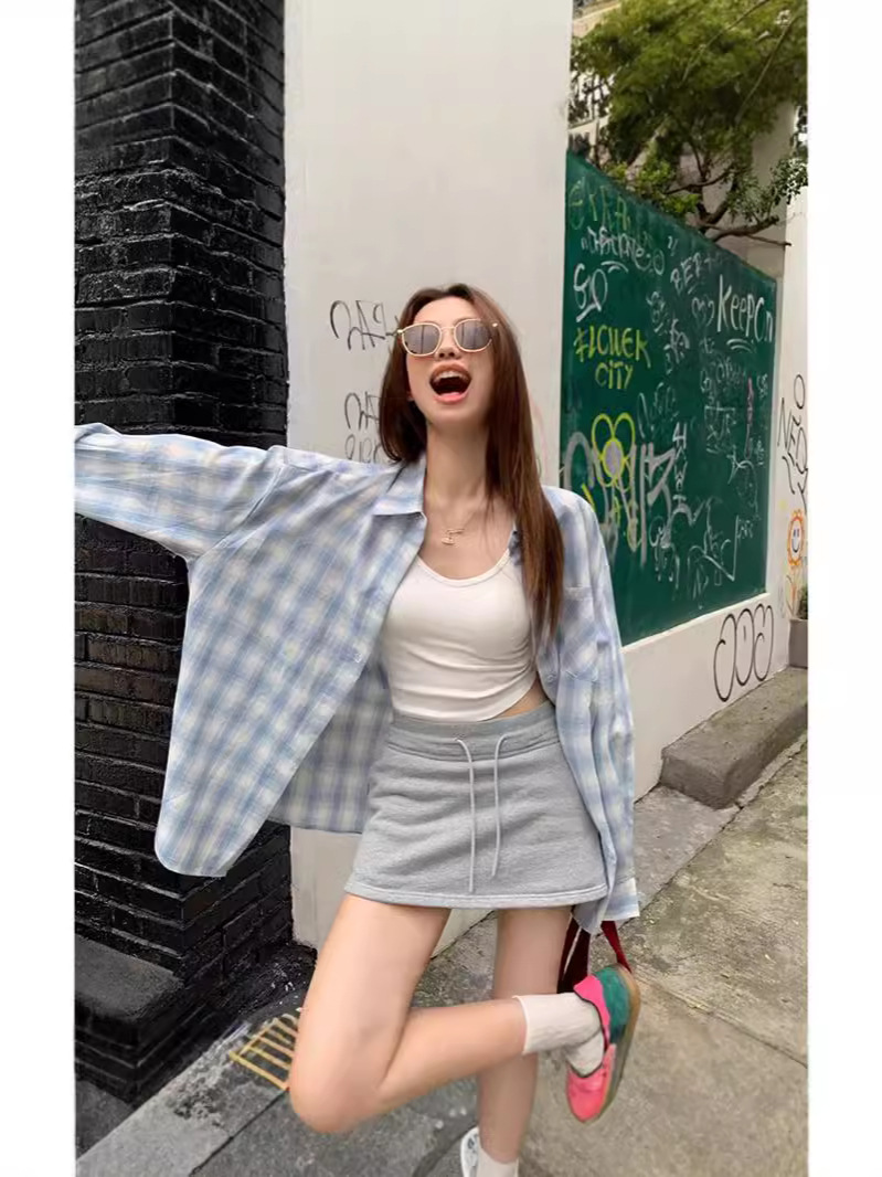 Lazy Style Lapel Plaid Long-Sleeved Shirt for Women Summer Thin Casual Loose Sun Protection Cardigan Shirt for Women Outer Wear