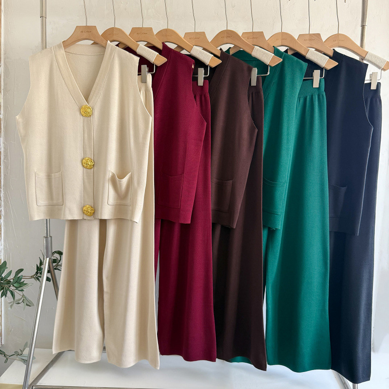 Cross-Border European and American Export Women's Clothing Gold Button V Neck Sleeveless Knitted Vest Casual Loose Pants Two-Piece Suit