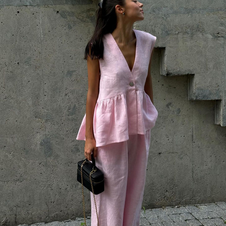 Cotton V-neck Sleeveless Top Vest Pants suit Women's 2025 European and American New Solid Color Elegant Commuter Two-piece Set