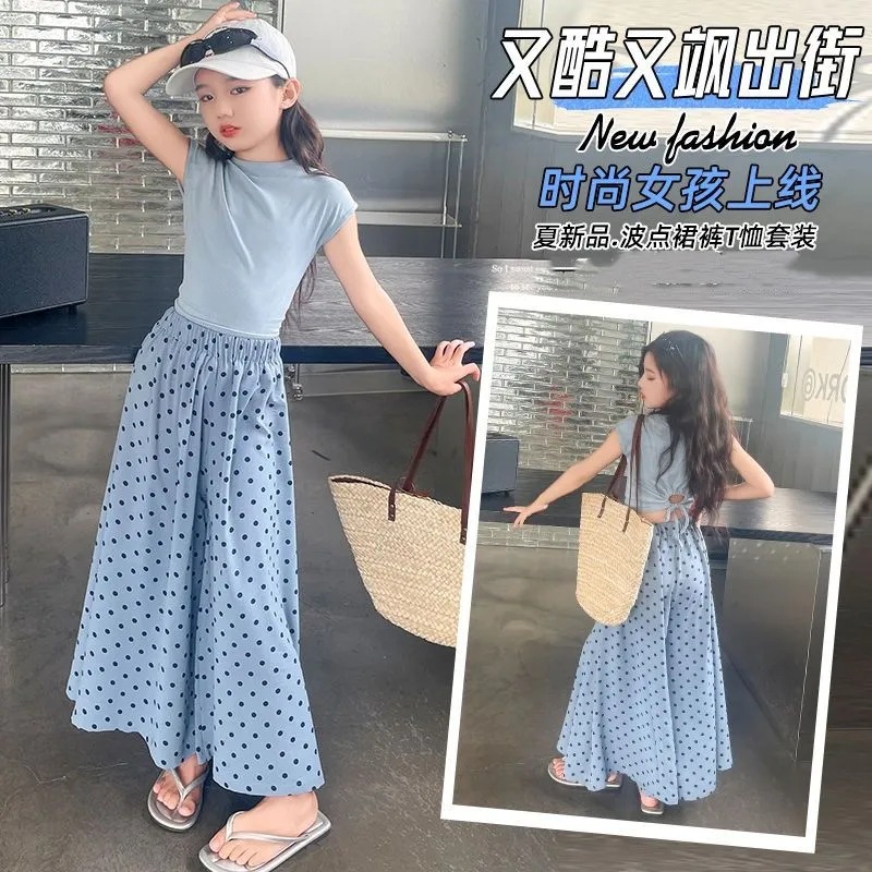 Girls' Summer Polo Dot Wide Leg Culottes 2025 New Style Girls' Fashion Casual Cropped Pants Children's Summer Pants