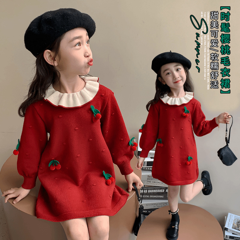 Girls' Sweater Dress 2025 Autumn and Winter New Korean Style Stylish Stereo Cherry Knit Sweet Girl Princess Dress
