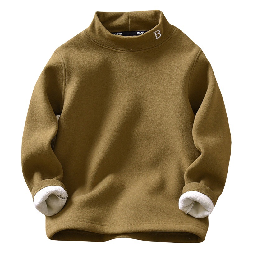 Boy's velvet autumn and winter half turtleneck warm clothes winter fleece-lined thickened medium and large children's solid color bottoming shirt boy