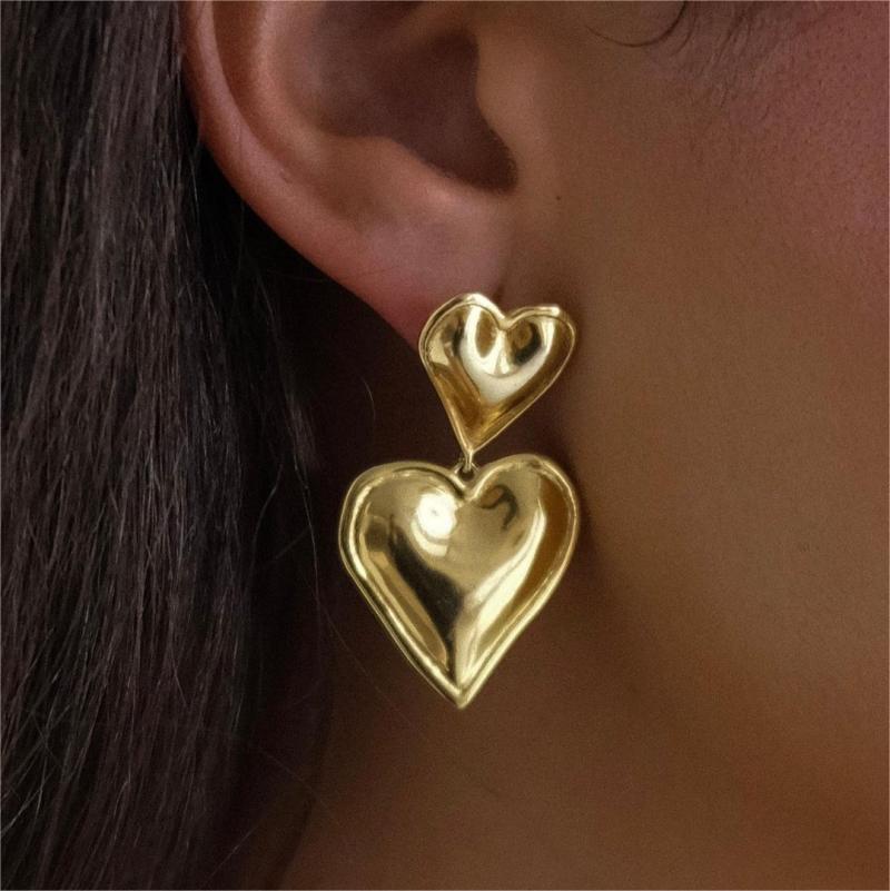 in stock European and American ins net red with earrings 18k gold love pendant earrings double heart earrings stainless steel earrings