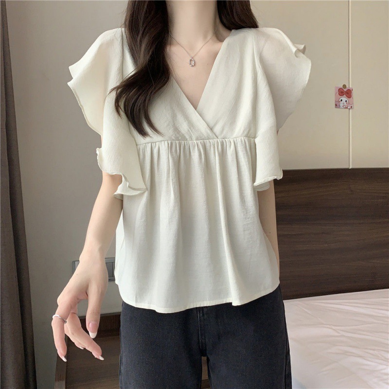 Picture of Cross-border Japanese 2022 Gentle Style Korean Style Sweet Women Flying Sleeve Shirt Top Summer V-Neck Shirt