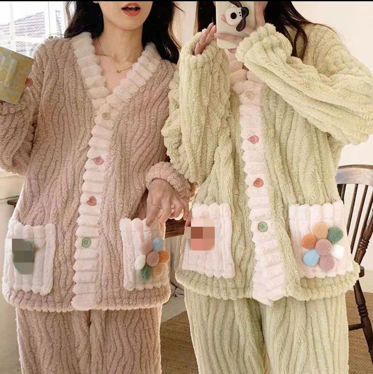 Rainbow Cardigan Pajamas for Women in Autumn and Winter, Thickened Flannel Warm Pajamas That Can Be Worn Outside, Home Wear for Women, Coral Velvet Suit