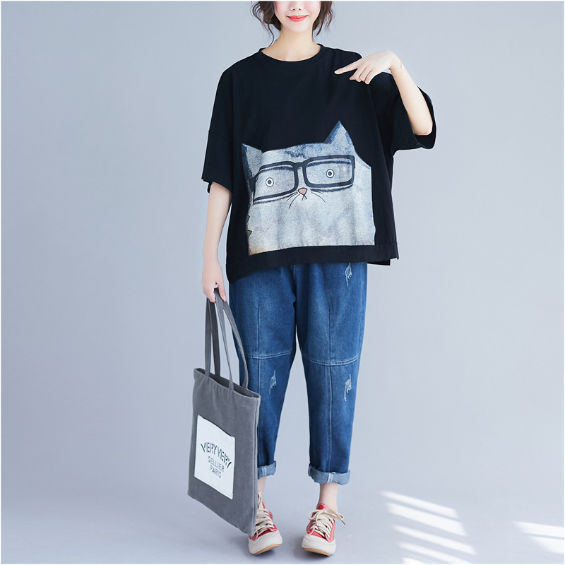 Picture of Small Fresh Plus Size Women's Clothing Cute Cartoon Print T-Shirt 2024 Fat mm Loose and Comfortable Simple Round Neck Top Summer