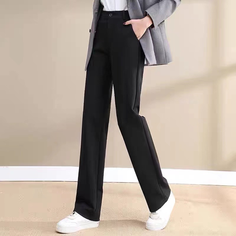 Slim Straight-Leg Pants for Women, Casual Trousers, Black Trousers for Tall People, Floor-Length Suit Trousers for Small People, Drapedy Wide-Leg Trousers