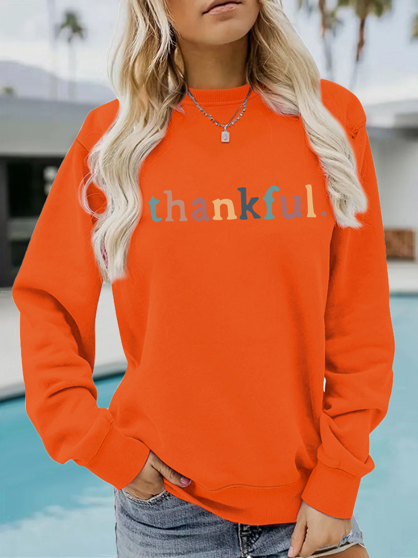 Picture of Europe and the United States cross-border autumn and winter women's casual long sleeve round neck thankfol printed pullover sweatshirt sweater wholesale