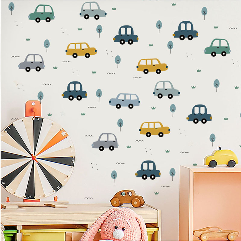 Cross-Border Cartoon Watercolor Car Wall Stickers Boy Bedroom Room Wall Decoration DIY Graffiti Self-Adhesive Stickers