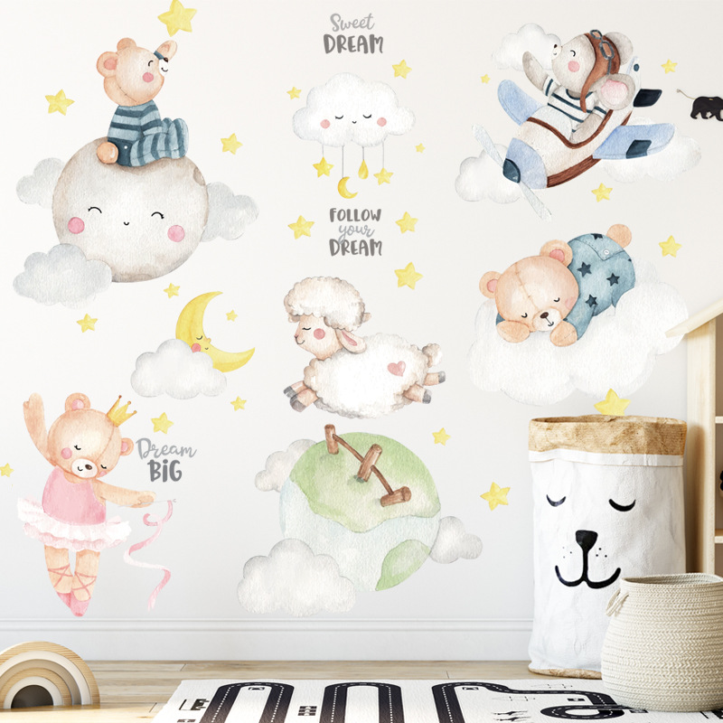 Mianyang Bear Sky Clouds Stickers Moon Stars Cartoon Children's Kindergarten Early Education Center Stickers Wall Stickers